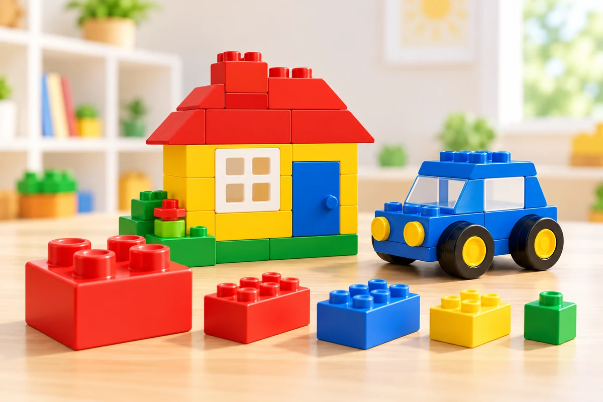 Illustration eines Hauses und Autos aus Klemmbausteinen sowie sortierter großer und kleiner Bausteine.
