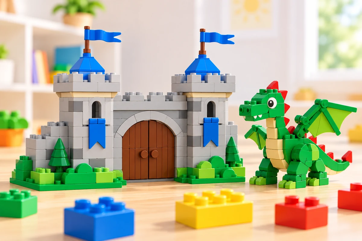 Illustration eines grauen Burgtors mit blauen Fahnen und eines grünen Drachen aus Klemmbausteinen.