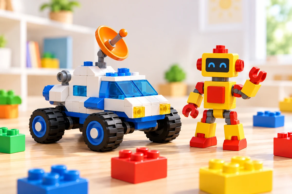 Illustration eines weiß-blauen Weltraumfahrzeugs und eines gelb-roten Roboters aus Klemmbausteinen.