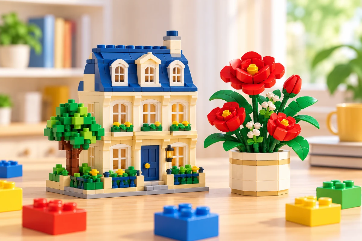 Illustration eines detailreichen Stadthauses und roter Blumen in einem Topf aus Klemmbausteinen.